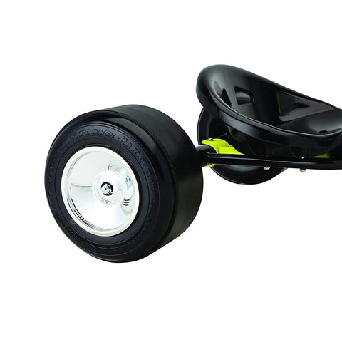Close-up of rear wheel and seat of DXT Drift Trike Yellow One Size For Downhill Drifting With A Steel Frame Front Freewheel BMX Style Super Slider POM Rear Wheels Power Slide Through Corners Fish Tails And 180s Ideal For Ages 14 Plus And Up To 198 Pounds.