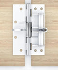 Two-Pack 4-Inch Automatic Self-Closing Door Hinges with Heavy-Duty Spring Hinges, silver finish, installed on wood door, 90-degree positioning