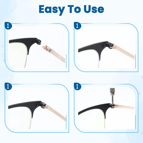 Gold Eyeglasses Repair Kit With Temple Arms Replacement Parts And Soft Nose Pads Plus Compact Screwdriver For Broken Frames illustrated steps for easy use.