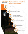 Baytown II Outdoor Solar Lamp Post with EZ Anchor Kit, Black Finish, features and benefits infographic, nighttime setting.