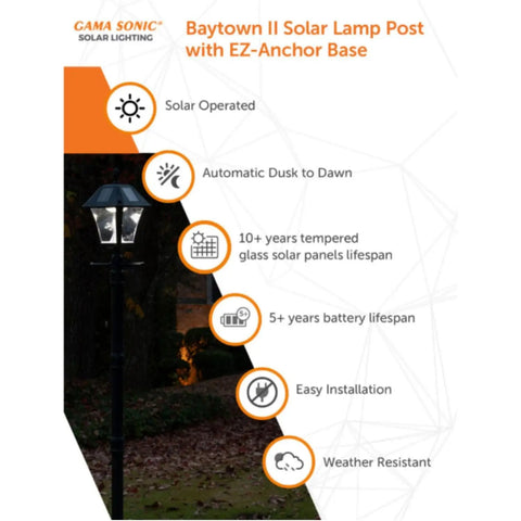 Baytown II Outdoor Solar Lamp Post with EZ Anchor Kit, Black Finish, features and benefits infographic, nighttime setting.