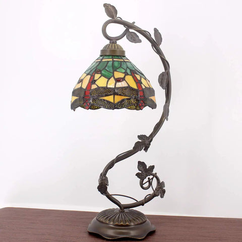 Dragonfly Stained Glass Tiffany Style Table Lamp With Green And Yellow Glass Metal Leaf Base Eight By Ten By Twenty One Inches Desk Lamp For Small Spaces Bedroom Or Home Office Decor Cozy Vibe S009G Series on wooden table