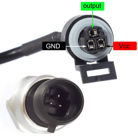 Front view of AUTEX 200 psi stainless steel pressure transducer with 1/8-27 NPT thread and 3-pin connector