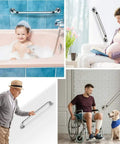 Collage showing uses of Two Pack 32 Inch Shower Grab Bars Set In SUS304 Stainless Steel, in bathroom, by elderly and disabled users.