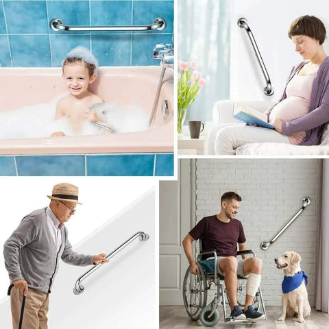 Collage showing uses of Two Pack 32 Inch Shower Grab Bars Set In SUS304 Stainless Steel, in bathroom, by elderly and disabled users.