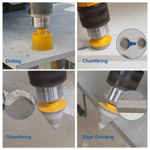 Heavy Duty Diamond Hole Saw Kit With 11 Piece Drill Bits and Chamfer Tool For Tough Porcelain Ceramic Granite Marble Rock And Hard Materials Using Bench Drill in action, showing drilling, chamfering, and edge grinding on tough surfaces.
