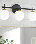 Black And Gold Lit Three Light Vanity Light Fixture For Bathroom Mid Century Modern Wall Sconce With Milky White Frosted Glass Shades Over Mirror Lighting G9 Base Durable Rust Resistant Frame