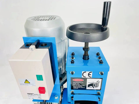 Close-up of Beast Mode Model 60 Copper Wire Stripping Machine With 2HP 120V Motor and heavy duty steel frame.