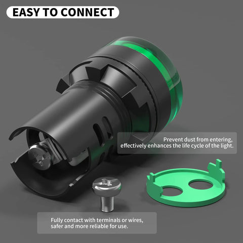 Close-up of Green 120V LED Indicator Light Energy Saving Pilot Lamp For Panel Mount 22mm Seven Eighths Inch Hole AC DC Compatible Long Life