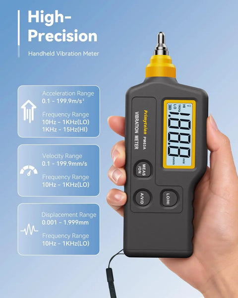 Pro Grade Handheld Vibration Meter Digital Tester showing display, designed for high precision motor diagnostics.