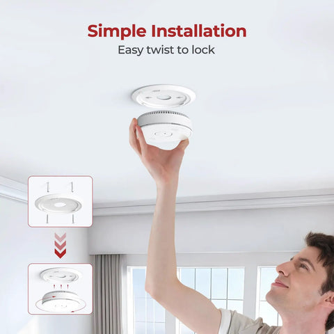 Simple installation of Ten Year Sealed Battery Operated Smoke Detector With Voice Alert, Photoelectric Sensor And Bright LED Indicators For Home Safety, A No Hassle Fire Alarm System For Living Room, Kitchen And Hallways on ceiling