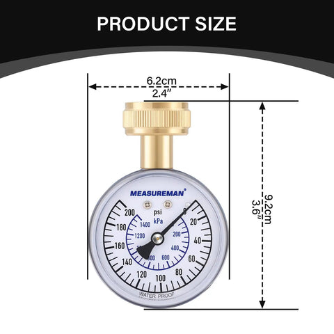 Blue Steel 2-1/2 Inch Water Pressure Gauge 0-200 PSI With 3/4 Inch Hose Thread, showing dimensions and brass fittings