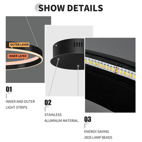 Show details of Slick Modern LED Chandelier With Remote Control, 60W Black Ring Ceiling Light, stainless aluminum, energy-saving LEDs