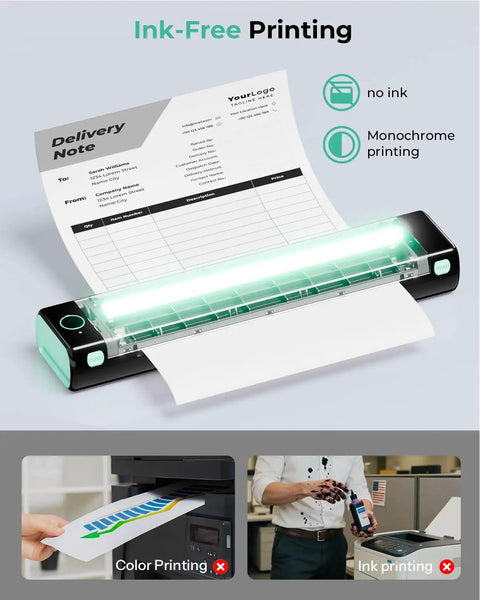 Ultra Portable Bluetooth Thermal Printer For Travel And On The Go Home Use, Inkless Printing On 8.5 By 11 Letter Paper, shown printing a delivery note