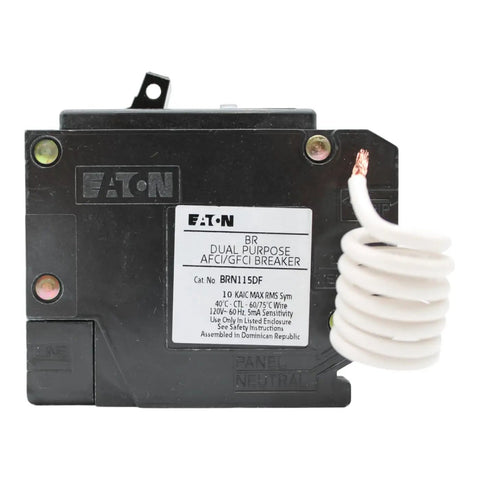 One Pole 15 Amp Dual Function Arc Fault And Ground Fault Circuit Breaker with coiled white wire for home use with AFCI and GFCI protection