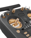 Close-up of TX15 Max 3.5 Inch IPS Touchscreen ExpressLRS Radio Controller AG02 CNC Hall Gimbal and gold finish details.