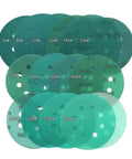 Get Fresh 40 Pc Green Hook And Loop Sanding Discs For Power Tools 5 Inch 125mm, various grits from 60 to 2000, dust-free finish.