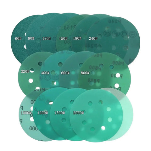 Get Fresh 40 Pc Green Hook And Loop Sanding Discs For Power Tools 5 Inch 125mm, various grits from 60 to 2000, dust-free finish.