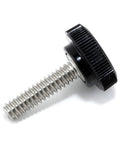 Hand Tightened Stainless Steel Thumb Screws With Black Knurled Round Knobs Size 10 By 24 X 3 4 Inch showing detailed view of the screw with texture and threads.