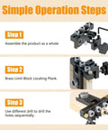 Operation steps for Three In One Dowel Jig Kit With Self Centering Pocket Hole Jig, showing assembly and use on wood.