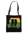 Hella Rad Auto Rickshaw Tote Bag Featuring A Dope Tuk Tuk Street Print Lightweight Cotton Canvas Crossbody Sling hanging with an oversized design.