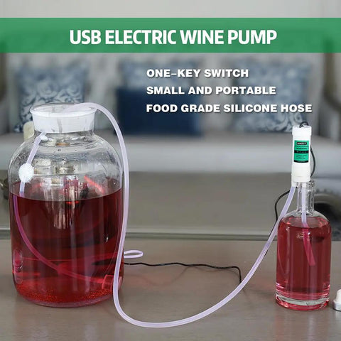 USB Powered Siphon Pump For Home Brewing And Beverage Transfer, Self Priming, 5V, connected to containers with liquid, using 6.5-foot food grade hose.