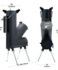 Portable Wood Burning Rocket Stove For Camping And Outdoors With Fire Poker Ideal For Survival Gear Backyard Cooking Camp Grilling And Outdoor Events Any Weather with dimensions labeled.