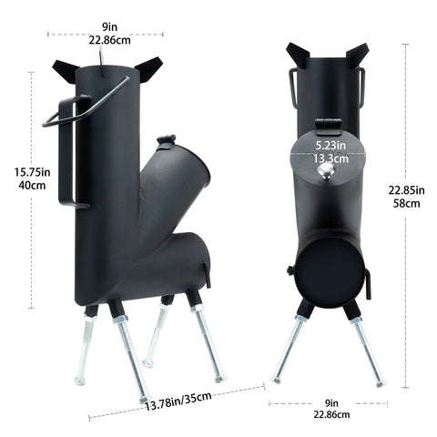 Portable Wood Burning Rocket Stove For Camping And Outdoors With Fire Poker Ideal For Survival Gear Backyard Cooking Camp Grilling And Outdoor Events Any Weather with dimensions labeled.