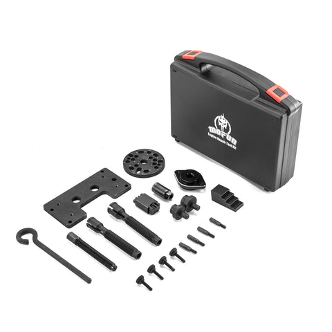 Front view of Mofun Harley Twin Cam engine repair tool kit in black case with assorted gasket and alignment tools.