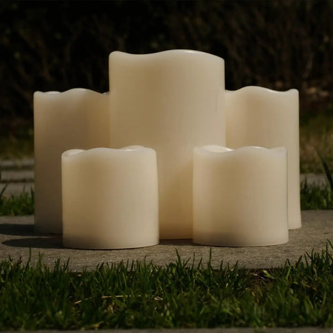 Outdoor IP44 Weatherproof 4x6 Inch Warm White LED Flameless Pillar Candles Set Of 2 With Remote And Timer Resin No Melt Design