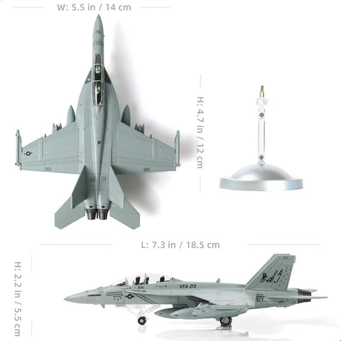 Top view of One Hundredth Scale FA18 Super Hornet Fighter Jet Model from US Navy VFA 213 Black Lions with metal diecast body and stand