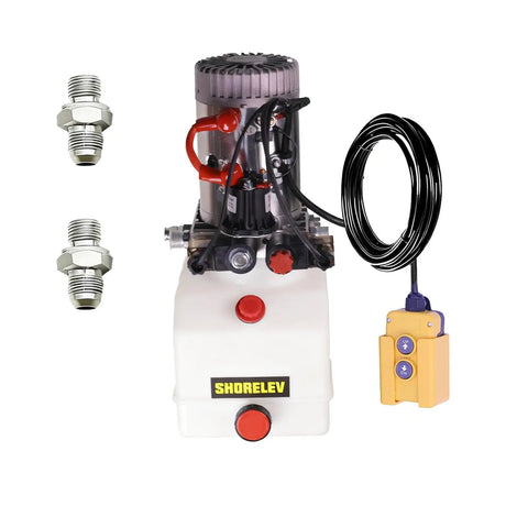 12V DC Double Acting Hydraulic Power Unit With 4L Plastic Reservoir For Dump Trailers Farm Equipment Utility Trailers And Marine Applications Portable Compact Power Solution Ready To Roll On The Job with connectors and remote