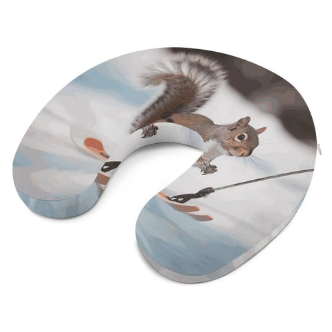 Skiing Squirrel Travel Pillow For Neck Support U Shaped Napping Cushion with squirrel design and memory foam support.