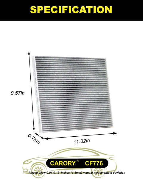 Nissan Activated Carbon Cabin Air Filter dimensions showing 11.02x9.57x0.75 inches, model CF776 for specified Nissan and Infiniti vehicles