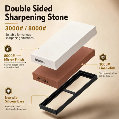 Double Sided Sharpening Stone featuring 3000#/8000# grit, includes non-slip silicone base for stability and precision.