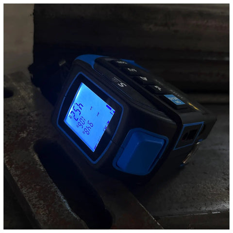 4 In 1 Laser Tape Measure With Laser Level Crosshairs, Pro Grade 130 Feet 40 Meters Distance And 16 Feet 5 Meters AutoLock Tape, Backlit LCD Display In Feet Inches Meters Millimeters, IP54 Aluminum Body For DIY Construction And Interior Design shown on floor