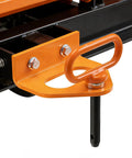 Beefy Heavy Duty Mower Trailer Hitch Kit With Five Eighths Inch Magnetic Pin For Lawn Tractors And Zero Turn Mowers Rust Resistant Steel Construction With Dual Lock Security For Secure Towing And Easy Hookup orange steel mower hitch with 5/8 in magnetic pin