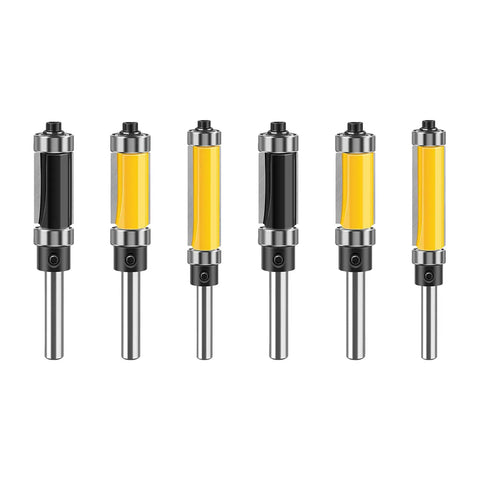 Top Tier 1 Inch Double Bearing Trimming Router Bit For Laminate And Woodworking Uses, High Strength Carbon Steel Cutter displayed in multiple angles.