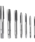 7-Piece Bearing Steel Metric Tap Set M3 To M12 Plug Taps displayed in ascending size order for auto repair and machinery.