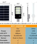 6000W Solar Street Light Outdoor Dusk To Dawn Security Flood Light With specs comparison and dimensions.