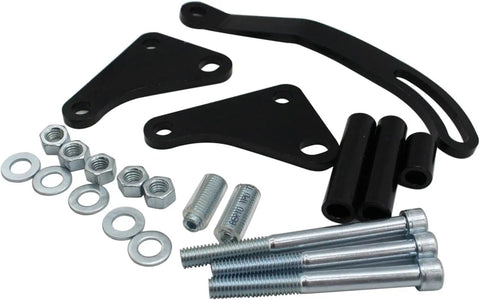 Hot Swap Power Steering Pump Setup For Classic Small Block Chevy V8 Engines Like The 305 And 350 Comes With Heavy Duty Long Water Pump Plus Crankshaft Pulley And Full Bracket Kit To Spice Up Your Old School Ride Today. steel bracket kit with bolts and spacers