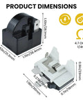 QP2-4r7 Refrigerator Starter Relay and Overload Protector Kit with product dimensions and specs display