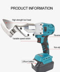 Heavy Duty Cordless Electric Shears For Metal Sheet Cutting And Leather Trimming With 800W Brushless Motor High Torque And 18V Battery Compatibility For Industrial Grade Professional Use, showing high strength tool head and battery.