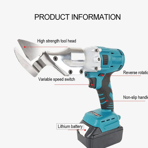 Heavy Duty Cordless Electric Shears For Metal Sheet Cutting And Leather Trimming With 800W Brushless Motor High Torque And 18V Battery Compatibility For Industrial Grade Professional Use, showing high strength tool head and battery.
