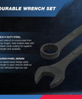 Jumbo Combination Wrench Set, 10-Piece Open-End And 12-Point SAE Wrenches in black oxide finish, close-up of wrench details.