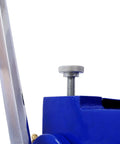 Close-up of adjustment mechanism on 3-In-1 Sheet Metal Brake 12-Inch Workhorse Combo Shear Brake Roll Machine For Pro Shops, blue unit.