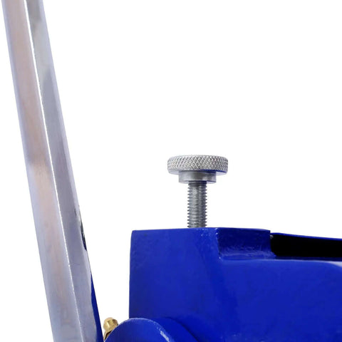Close-up of adjustment mechanism on 3-In-1 Sheet Metal Brake 12-Inch Workhorse Combo Shear Brake Roll Machine For Pro Shops, blue unit.