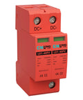 Front view of Two Pole 40KA DC Surge Protector For Solar PV And Home Lightning Protection Heavy Duty 1000V Rating 2P Arrester With 35mm DIN Rail Mount
