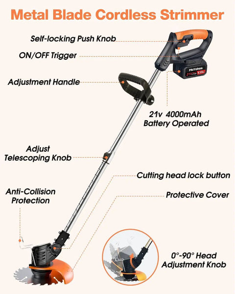 Cordless 21V Weed Eater With Dual 4Ah Batteries And Charger shown with metal blades and adjustable handle