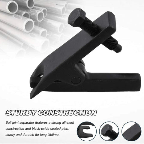 Heavy Duty Ball Joint Separator Tool With Expandable Fork For Pulling Tie Rods And Control Arms On Domestic And Import Rides image showing steel construction and black-oxide pins.